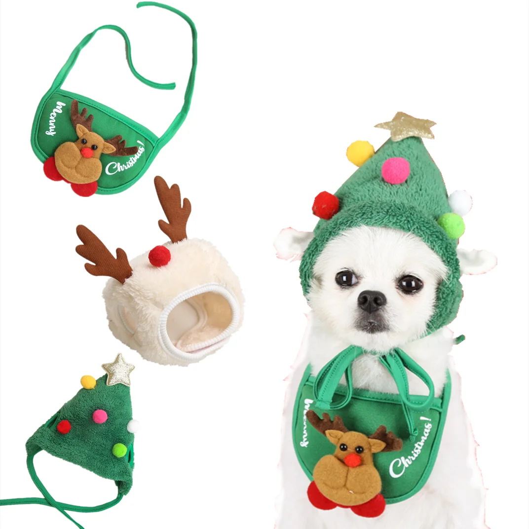 Reindeer Elk Antlers Headband Santa Scarf Set Pet Puppy Christmas Scarf Dog Accessories Christmas Costume Dogs