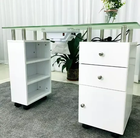 Factory Price More Design Beauty Salon Furniture Glass Top Portable High Gross Spa White Nail Station Manicure Table With Fan