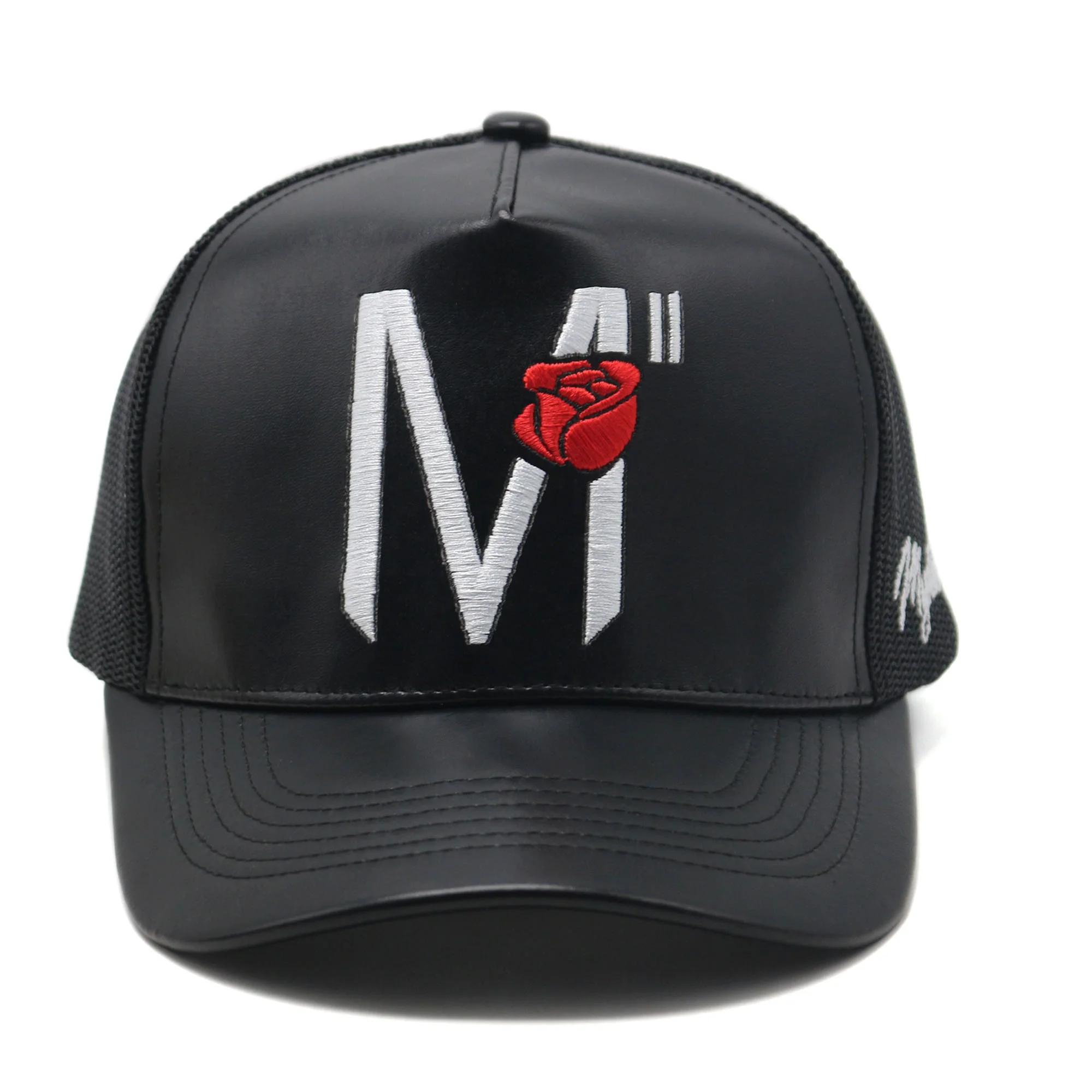 5 panel black leather mesh trucker hats with custom embroidery logo