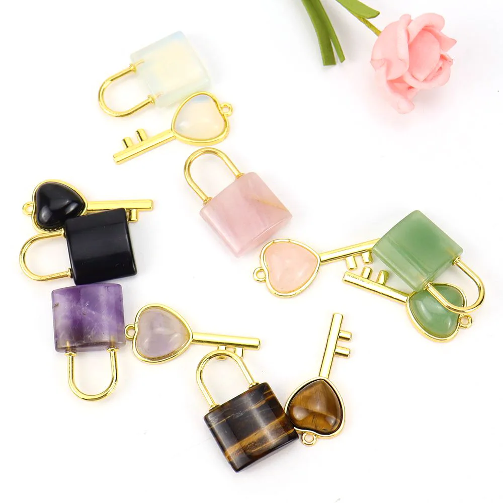 Creativity natural stone Love key lock pendant necklace gemstone jewelry crystal rose quartz amethyst pendant for couple