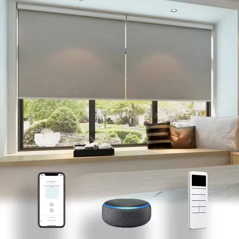 Automatic Home Decor Cordless 100% Polyester Roller Blinds Smart Electric Sunshade Spring Blackout Motorized Roller Curtains