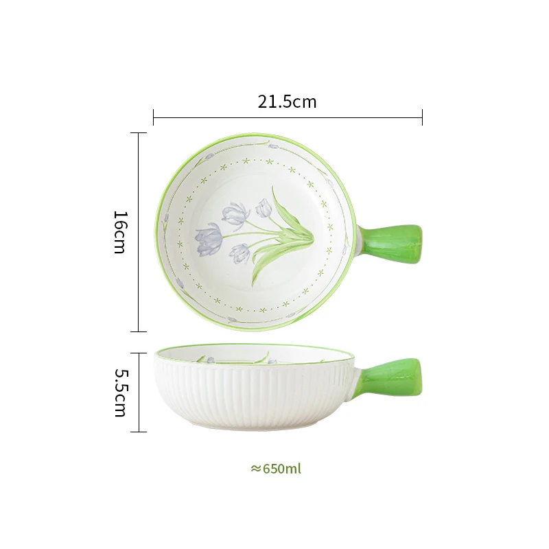 Home Kitchen Tableware Pale Green Flowers Printed Ceramic Bowls Plates And Soup Pot Set For Gift
