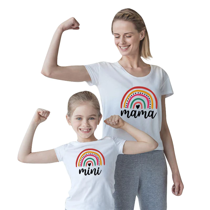 
Mommy and Me Clothes Rainbow Print Short Sleeve Blouse Top Family Matching Round Neck Casual T-Shirt 