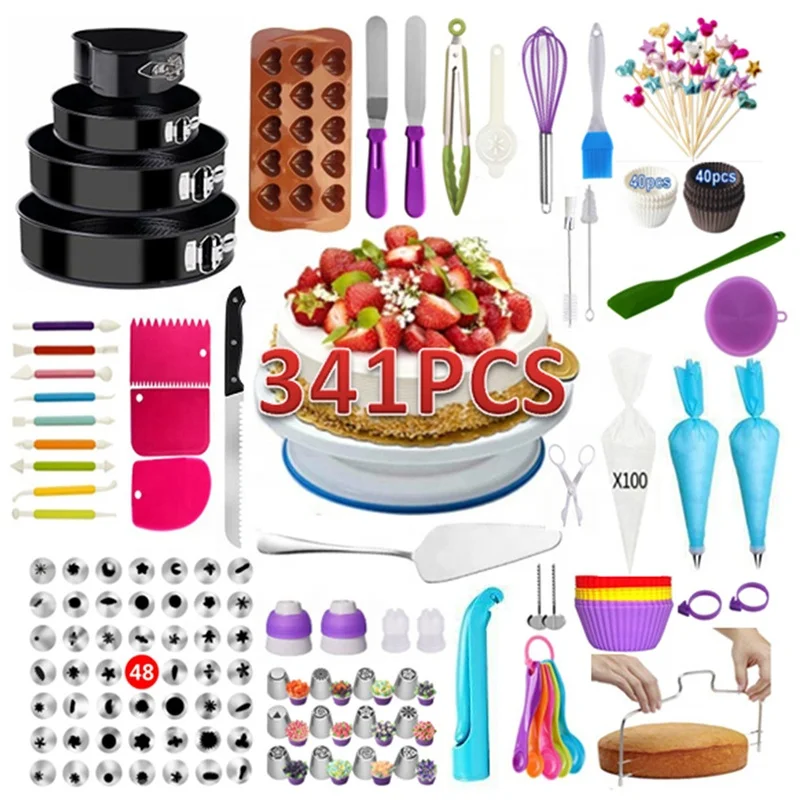 341 Pcs Cake Turntables Decoration Accessories Kit  Baking Pastry Cake Decorating Tools Set With Cake Pan Set