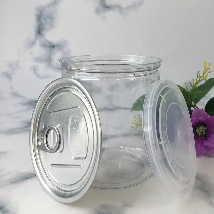 Food Grade 100-1000ml plastic cans sealed jar for food canned packing. clear PET top open easy pull ring jar with aluminum lid