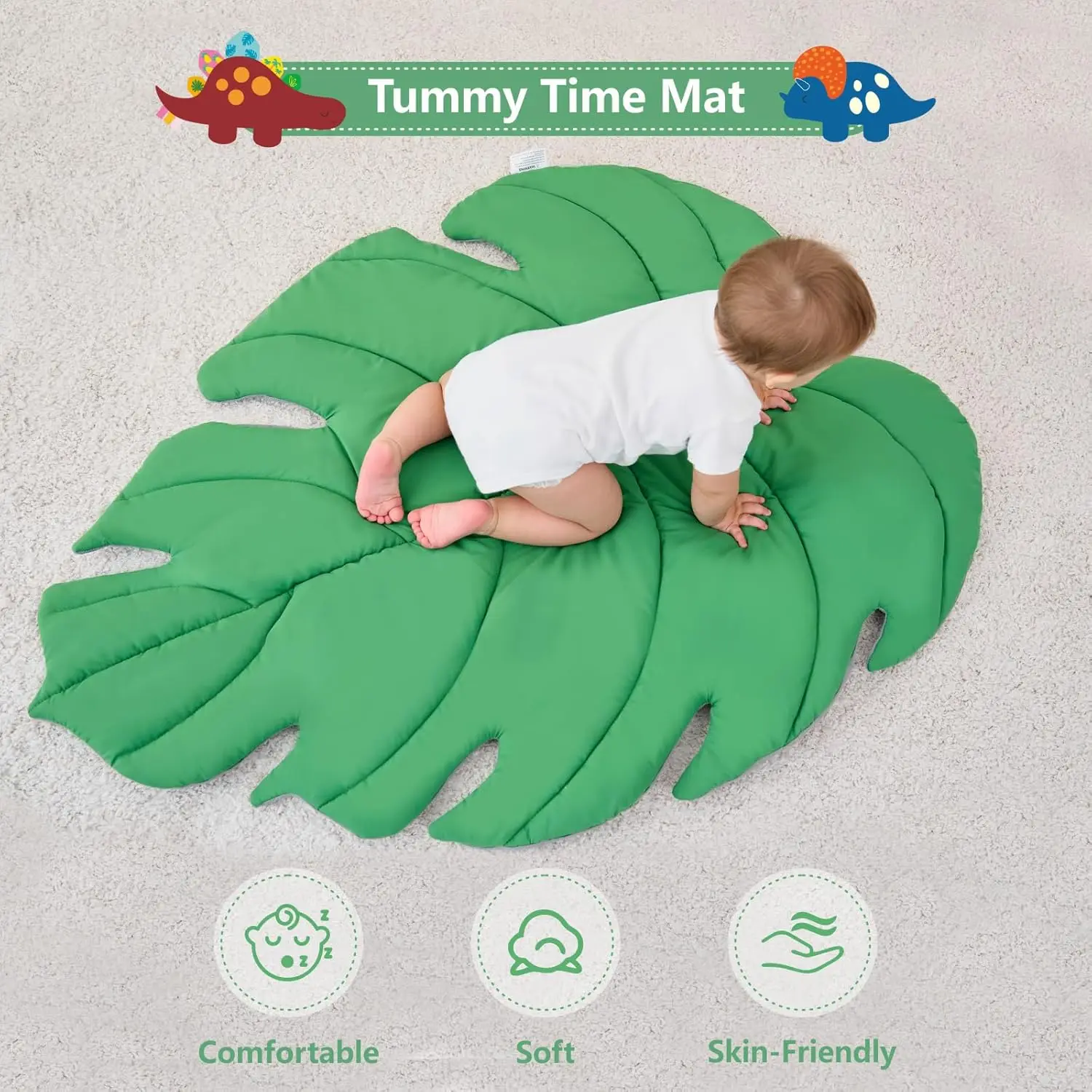Baby Play Mat Baby Gym Large Space Leaf Shaped Baby Tummy Time Play Mat Activity Crawl Mats with 6 Dinosaur Sensory Toys