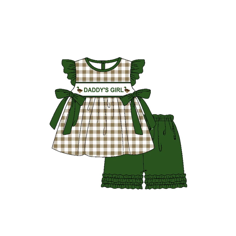 Preorder girls clothes khaki flutter sleeves dog print green plaid tunic ruffle short wholesale girls boutique clothe suit nomoq