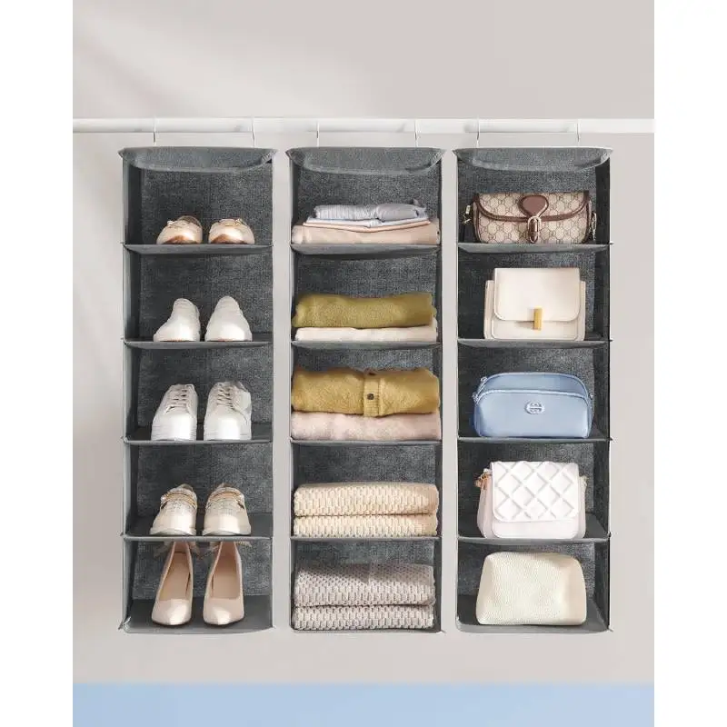 Hanging Organiser Hanging Shelf Hanging Storage Foldable and Space Saving Metal Hooks and Bamboo Inserts Linen Like Texture