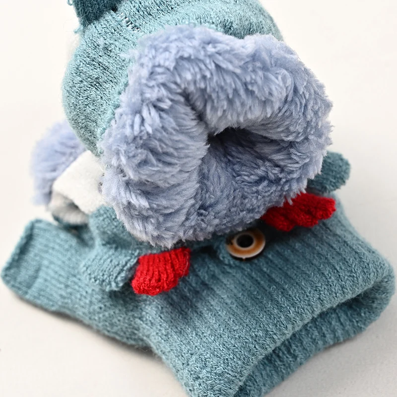 Winter Kids Outdoor Thick Fleece Lined Gloves Christmas Red Half Finger Gloves With Cap Children Girls Knitted Warm Gloves