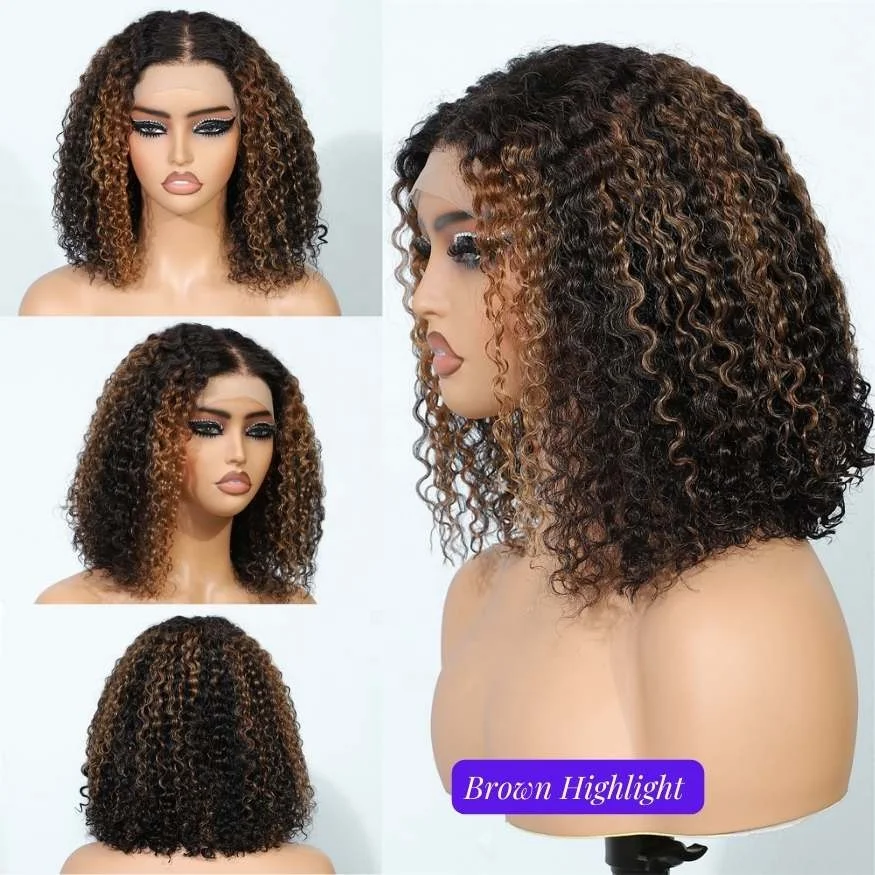 Wholesale Raw Indian Hair 13x4 Bob Lace Frontal Wig,14 Inch Highlight Brown Color Curly Short Bob Wigs For Black Women