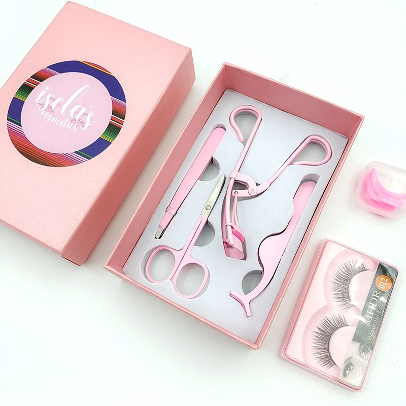 pink custom stainless steel false eyelash tweezer eyebrow scissor clip with lashes curler applicator 4pcs set
