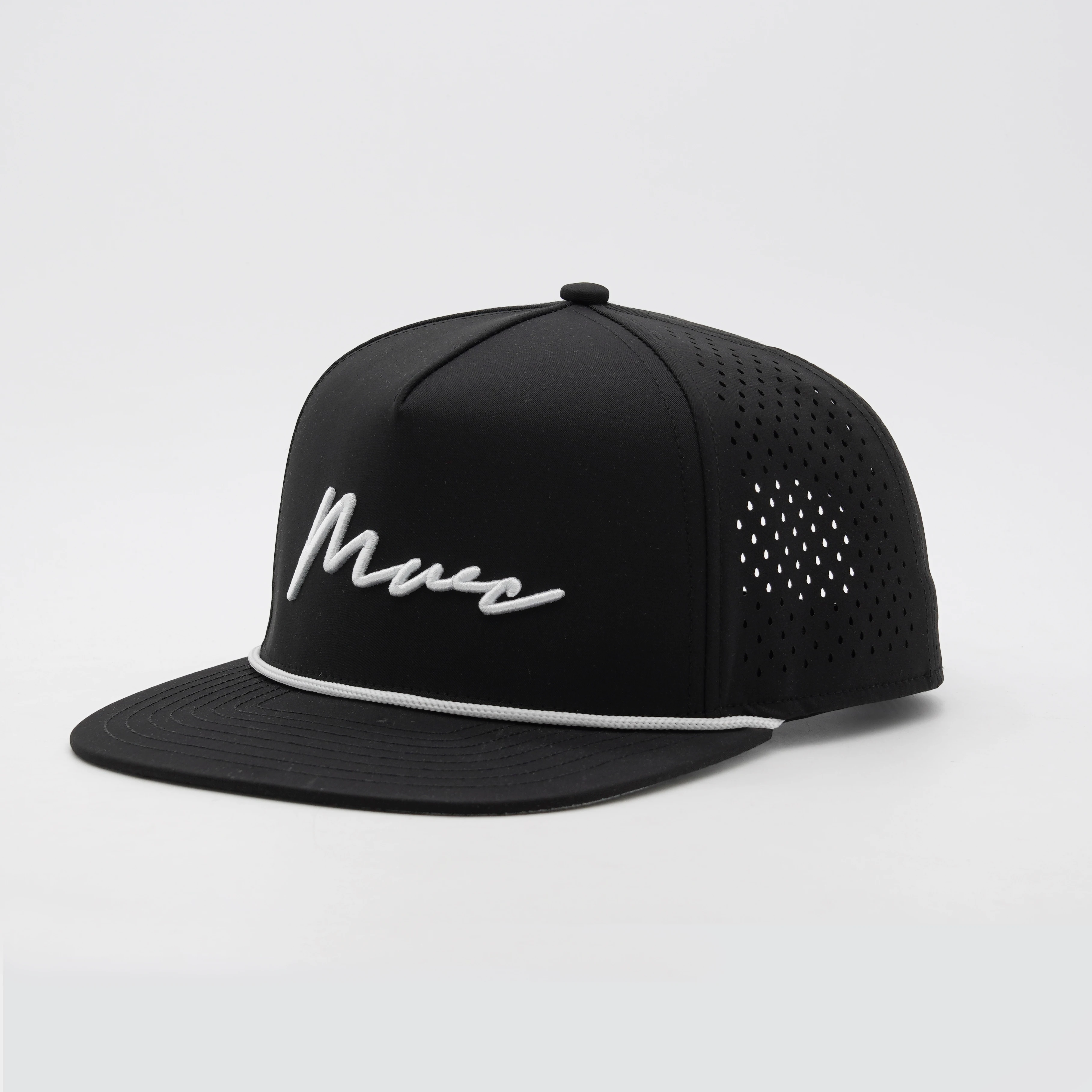 Custom 3D Embroidery Logo 5 Panel Laser Cut Hole Snap Back Gorras, Quick Dry Black Blank Waterproof Rope Snapback Hat for Men