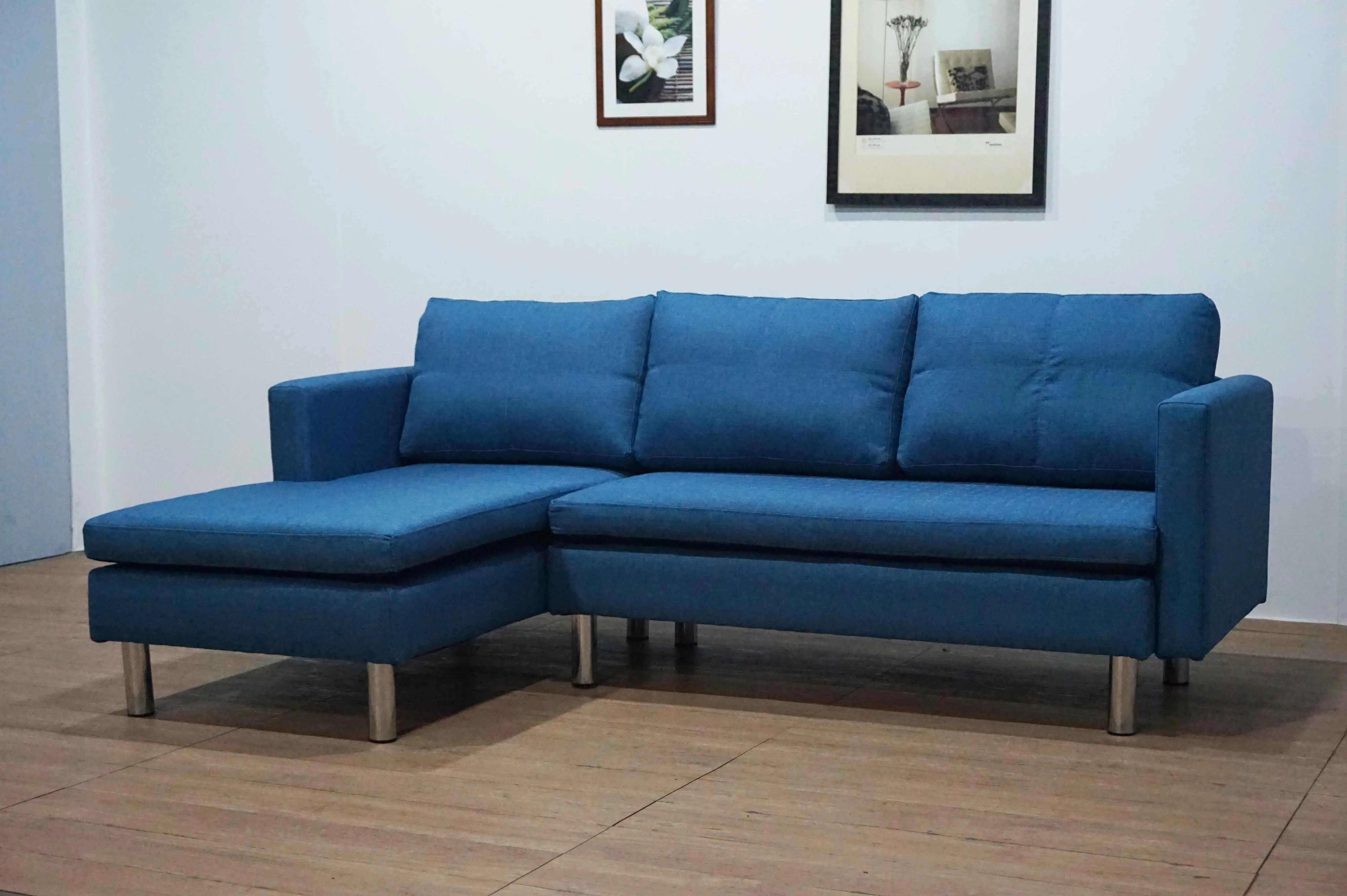 Fashion design wooden frame Double Cushions corner sofa with wooden legs Small Size Fashion L Shape Sofa