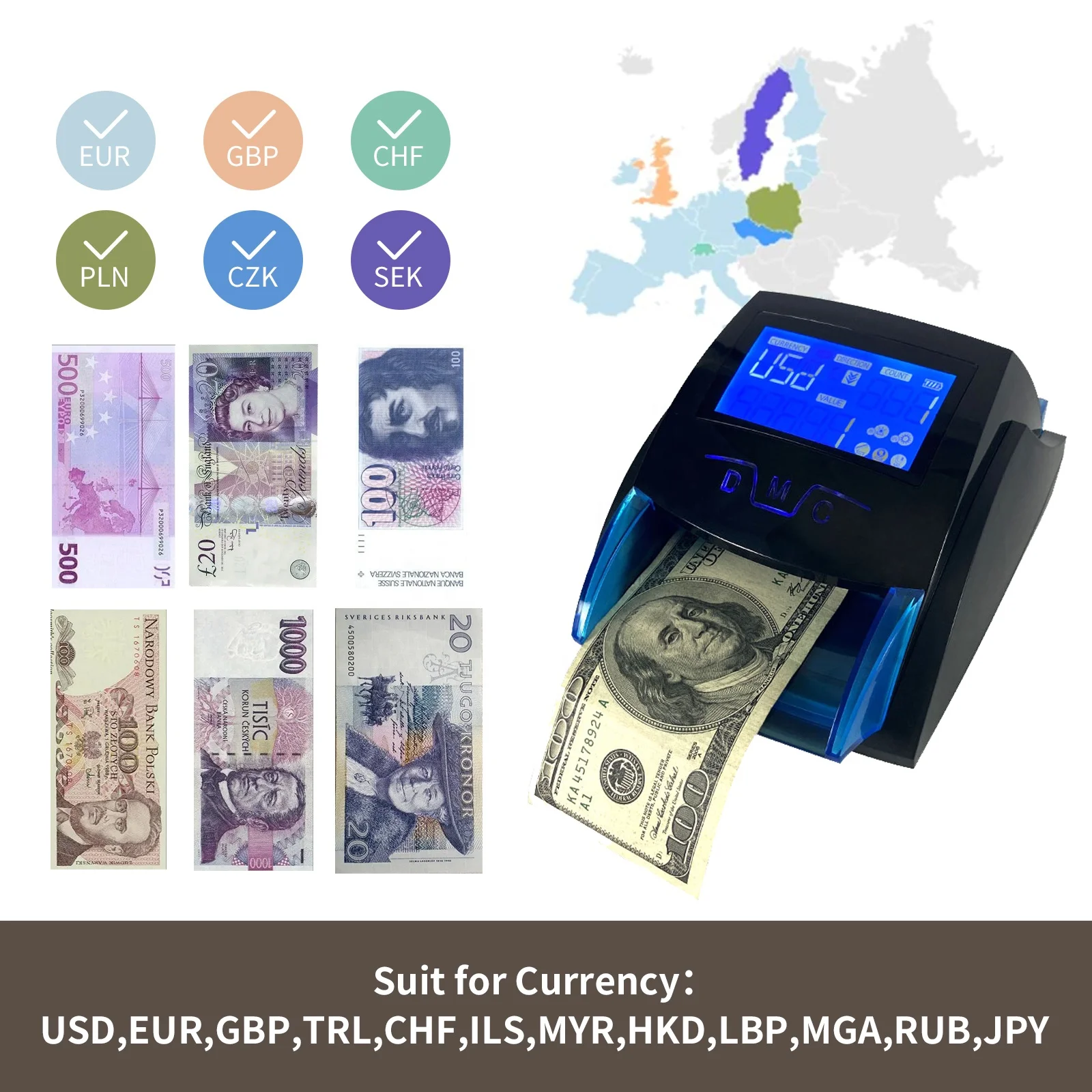 Портативный детектор банкнот HL520 USD EUR GBP TRL IQD MYA лыжное устройство для обнаружения счета валюты
