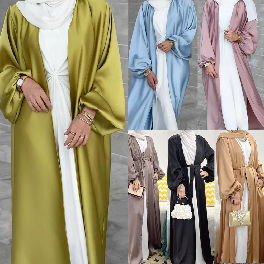 Factory Wholesale Ramadan Eid Fashion Silky Satin Muslim Abayas Robe Musulmane Abaya Elegant Kimono Muslim Arab Islamic Clothing