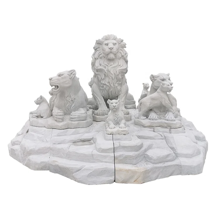 Large garden decorated with white marble lion family statue