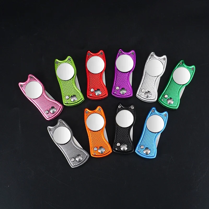 golf accessories Wholesale Metal Switchblade Foldable Pitch Fork Custom Magnetic Blank Ball Marker Golf Divot Tool