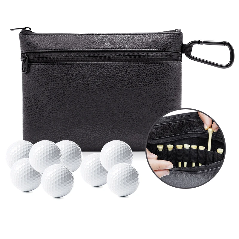 Personalized Golf Ball PU Leather Storage Sack Custom logo Zippered Leather Mini Golf valuables bag OEM Travel Golf Gear utility