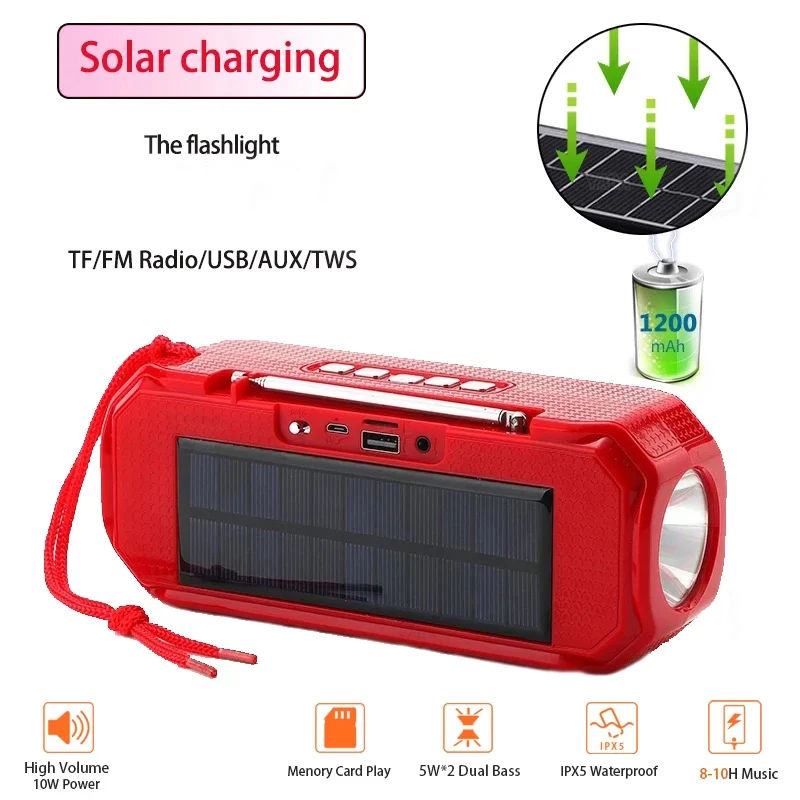 TG280 Portable Solar Charging Compatible Speaker Outdoor Solar Charging Subwoofer TWS Radio Receiver with Flashlight Speaker