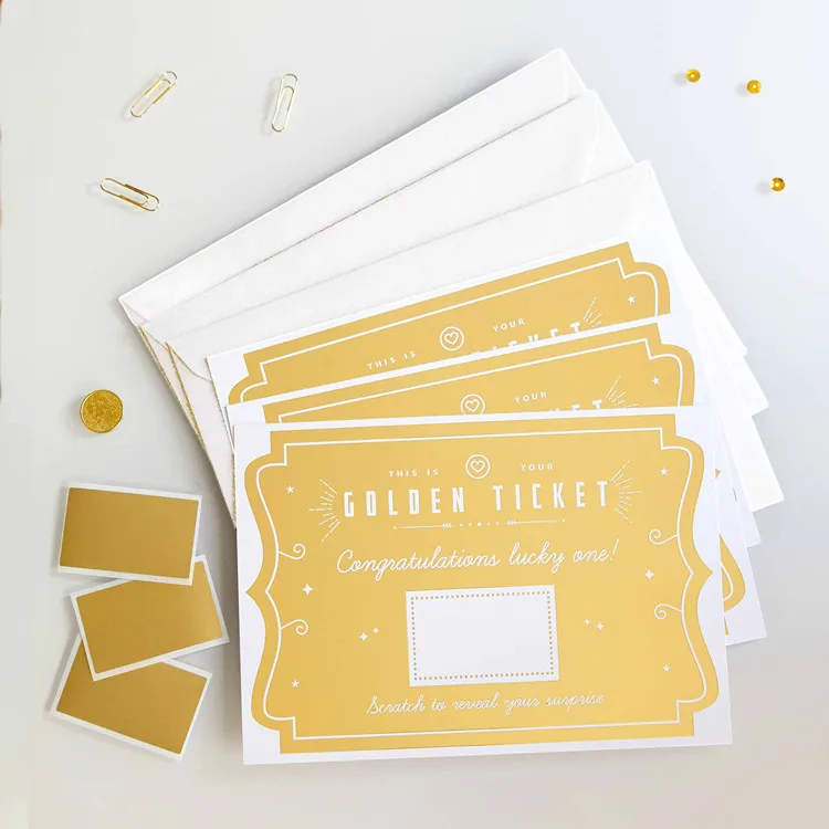 Custom Printing Gift Coupon Reveal Scratch off Card Golden Foil Ticket with Scratch off Sticker