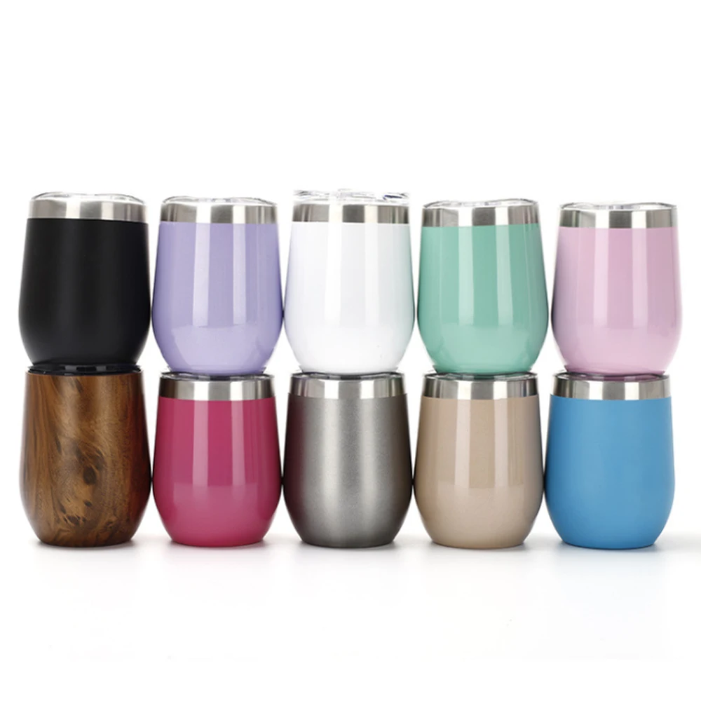 Amazon top seller 12oz double wall stainless steel custom wine tumbler insulated vacuum egg shape mugs wine glass with lids