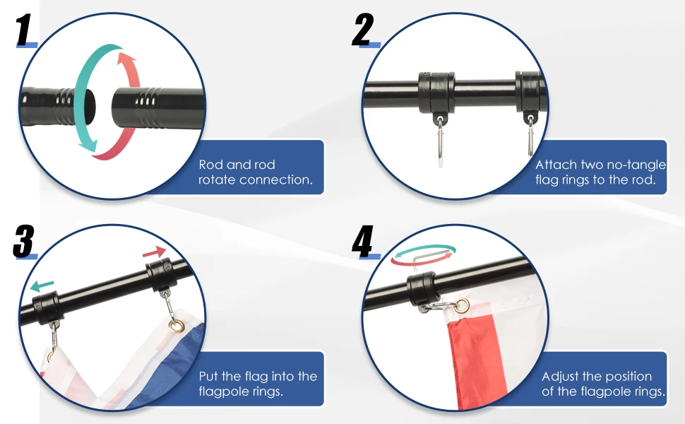 6ft metal outdoor wall mounted flagpole with 2 tangle free ball bearing rings and aluminum base. (Flag not included)