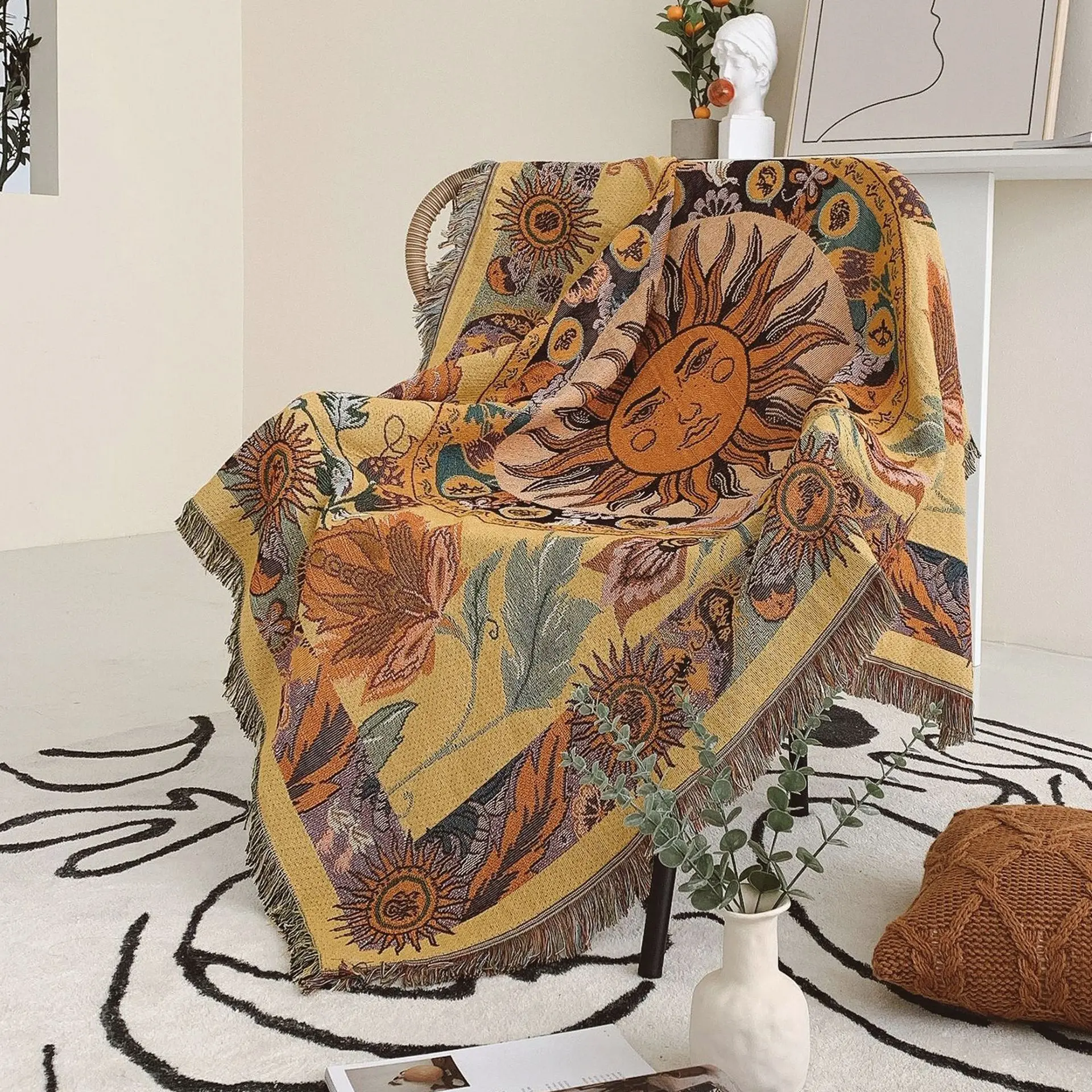 MU High quality woven tapestry blanket custom jacquard 100% cotton picnic blanket custom outdoor camping rug