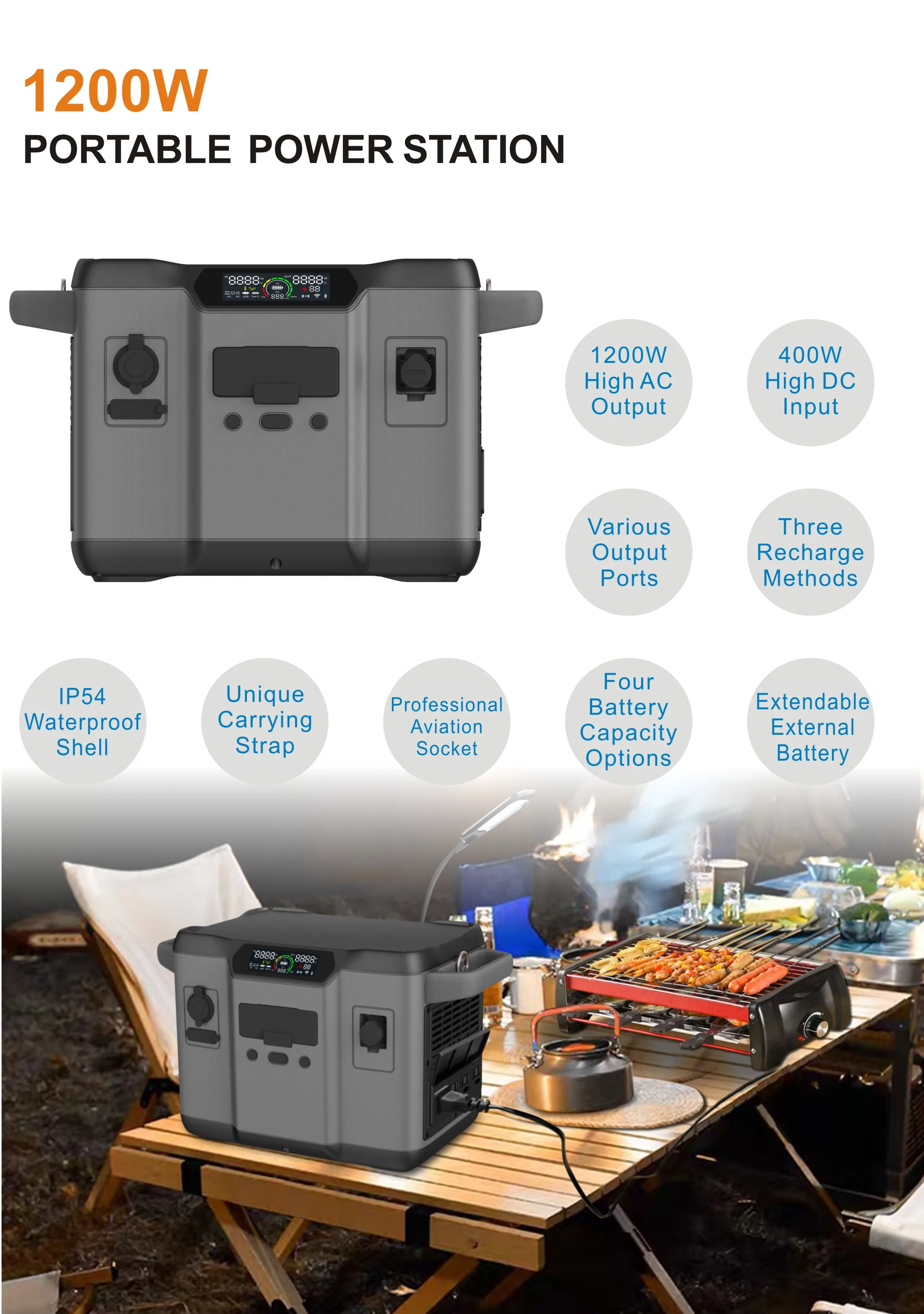 Home Outdoor Camping Power Bank Pack 1200w Rechargeable 1KW Portable Power Station Solar Generator