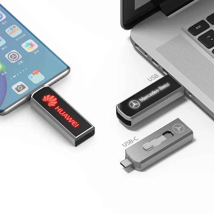 2022 Innovative ideas Metal slide Type-C LED USB drive 2 in 1 usb Type-C usb flash for Mobile Phones