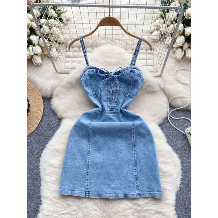 Spring Korean-style Outfit - Sweet Tied Belt Denim Skirt with Slim Fit Short Strap Dress for Women Exuding an Elegant Atmosphere