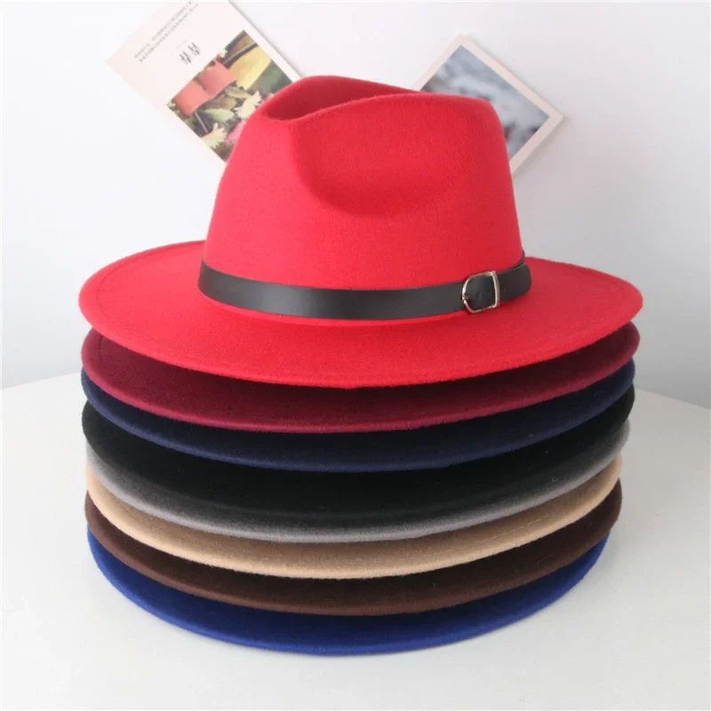 Fashion Solid Color Wide Brim Fedora Hats Belt Buckle Trilby Round Top Felt Fedoras for Vintage Ladies Kids