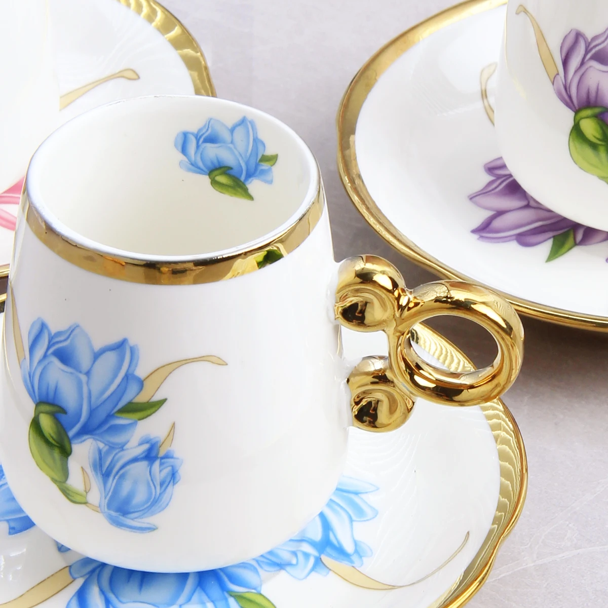 6 Cups Saucers Set European Afternoon Tea Cup Gold Circle Handmade Ceramic Coffee and Saucer