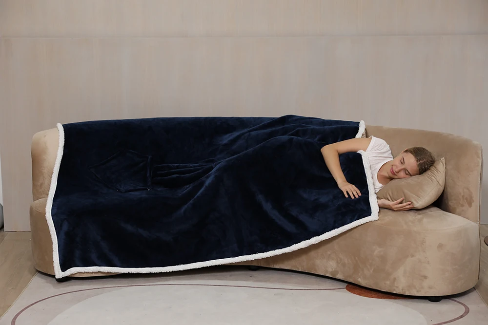 Sherpa fleece hoodie blanket throw wearable  blanket with pocket