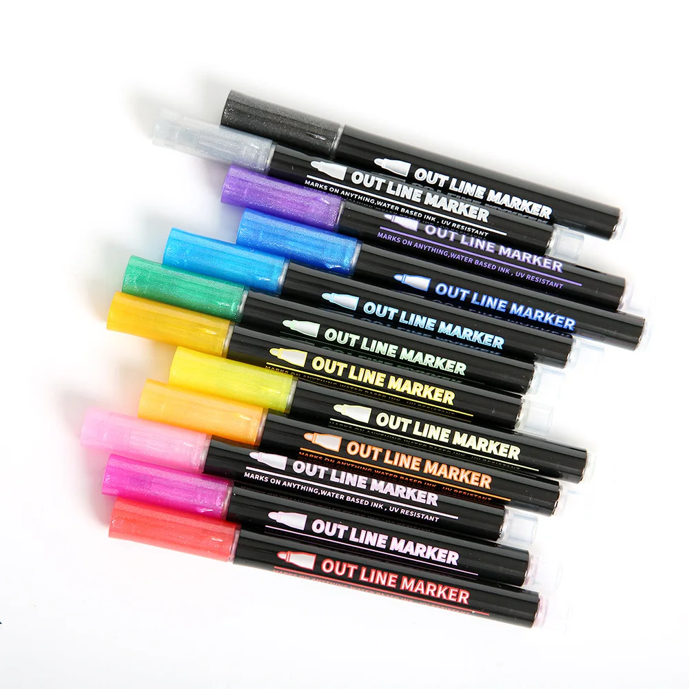 
12 colors Outline Marker pen, High Quality Fine colour Markers Double Line Pen metallic Outline Marker 