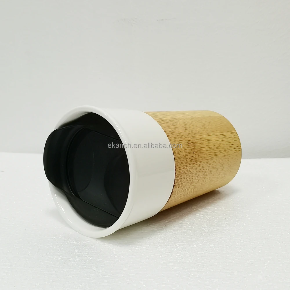 Natural Ecofriendly ceramic cup with bamboo base American Style Bamboo Coffee Tumbler Novelty Mug with Bamboo Sleeve and Lid