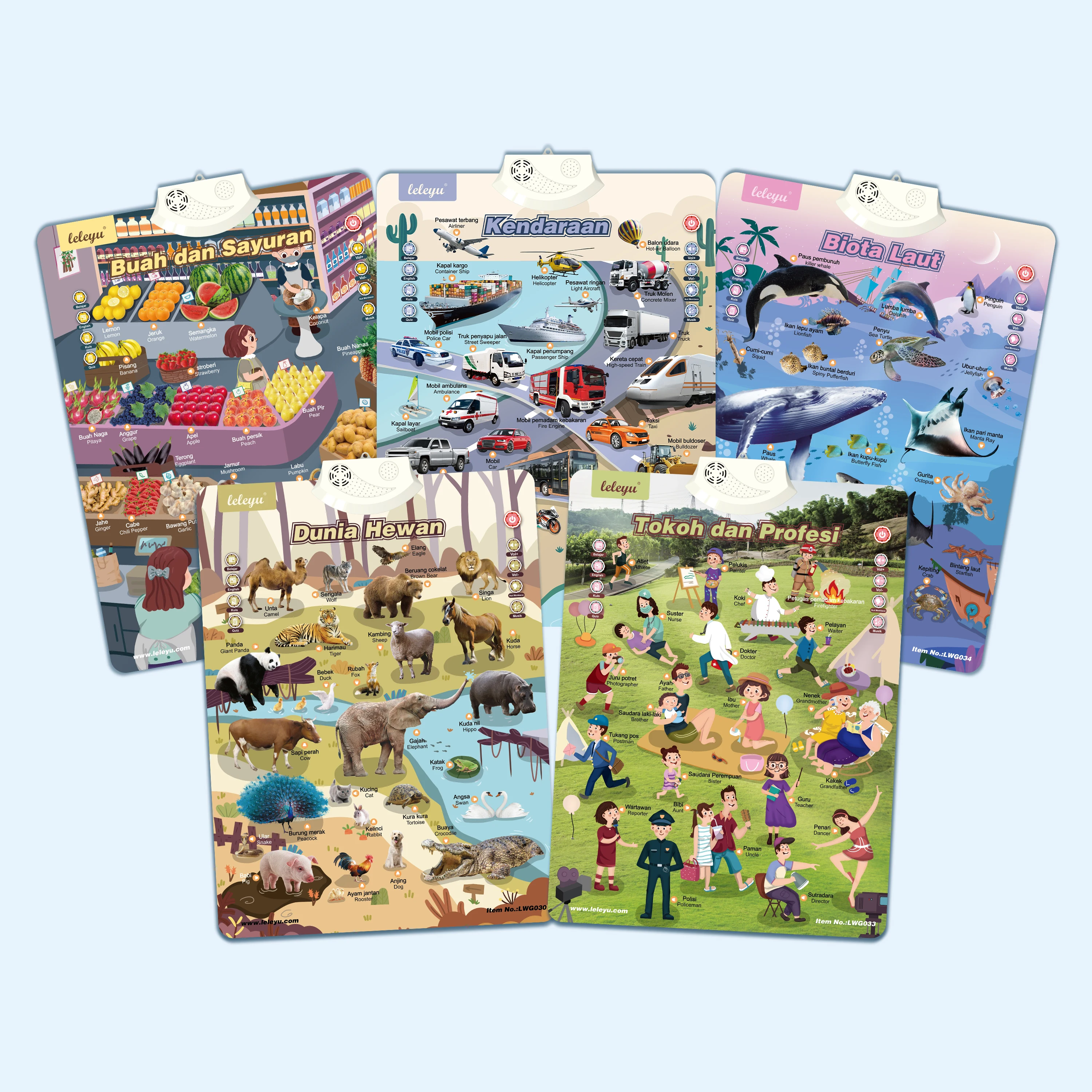 LWG032 Fruits & Vegetables Sound Poster Indonesian Talking Wall Chart For Kids Early Educational Learning Toys