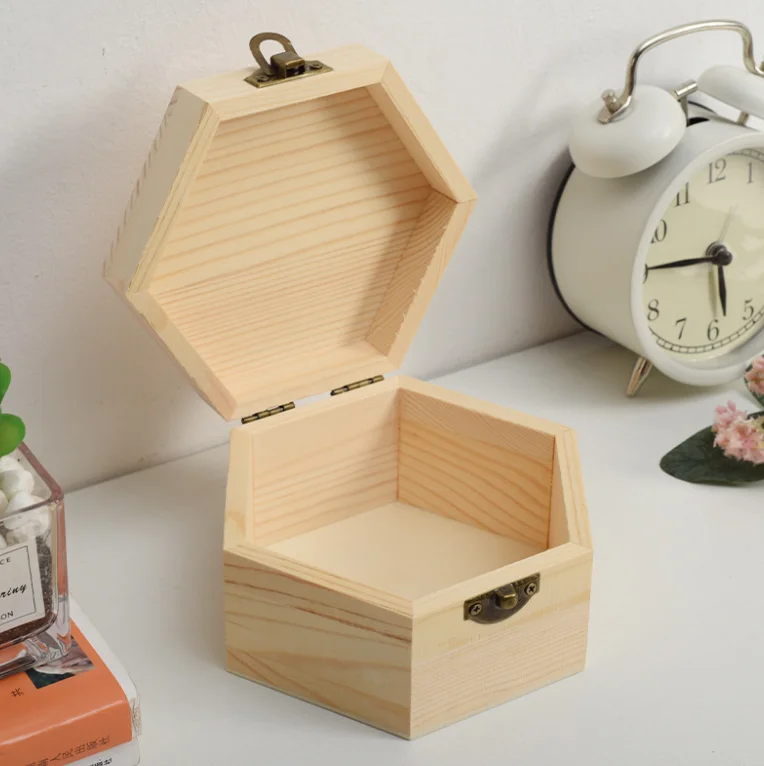 Hexagon Shaped Pine Wood Hinge Box For Gift Package Light Custom Accepted Size & Logo Customize