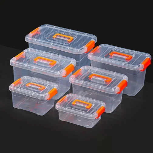 Plastic storage box with safety cover and buckle transparent durable stackable nested and organized household storage box