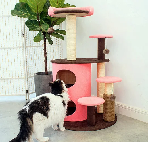 High-end royal style blue cat climbing tower frame cute princess pink cat sisal scratching tree with hair brush