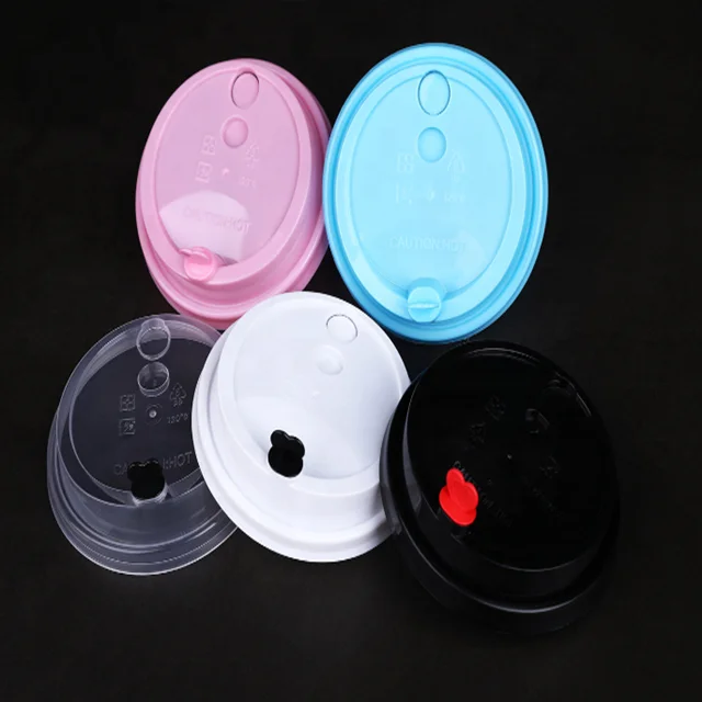 90mm Diameter Black Plastic PP Injection Cup Lid With Stopper Plug For Bubble Tea