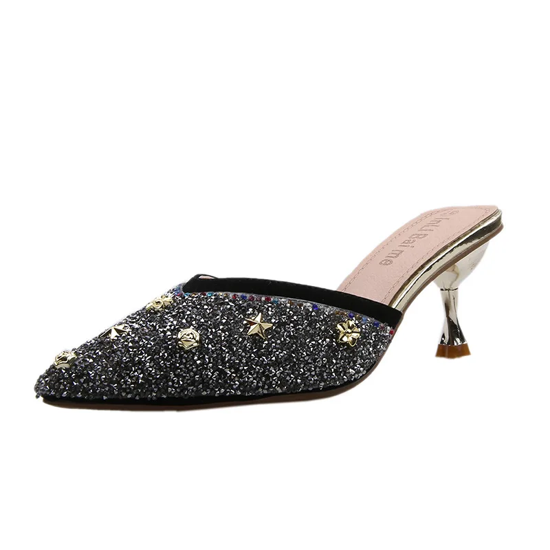 Fashion Summer And Autumn Women Pumps Low Heel Flat Pointed Toe Pearl Rhinestone Solid Color Half Slippers Mules