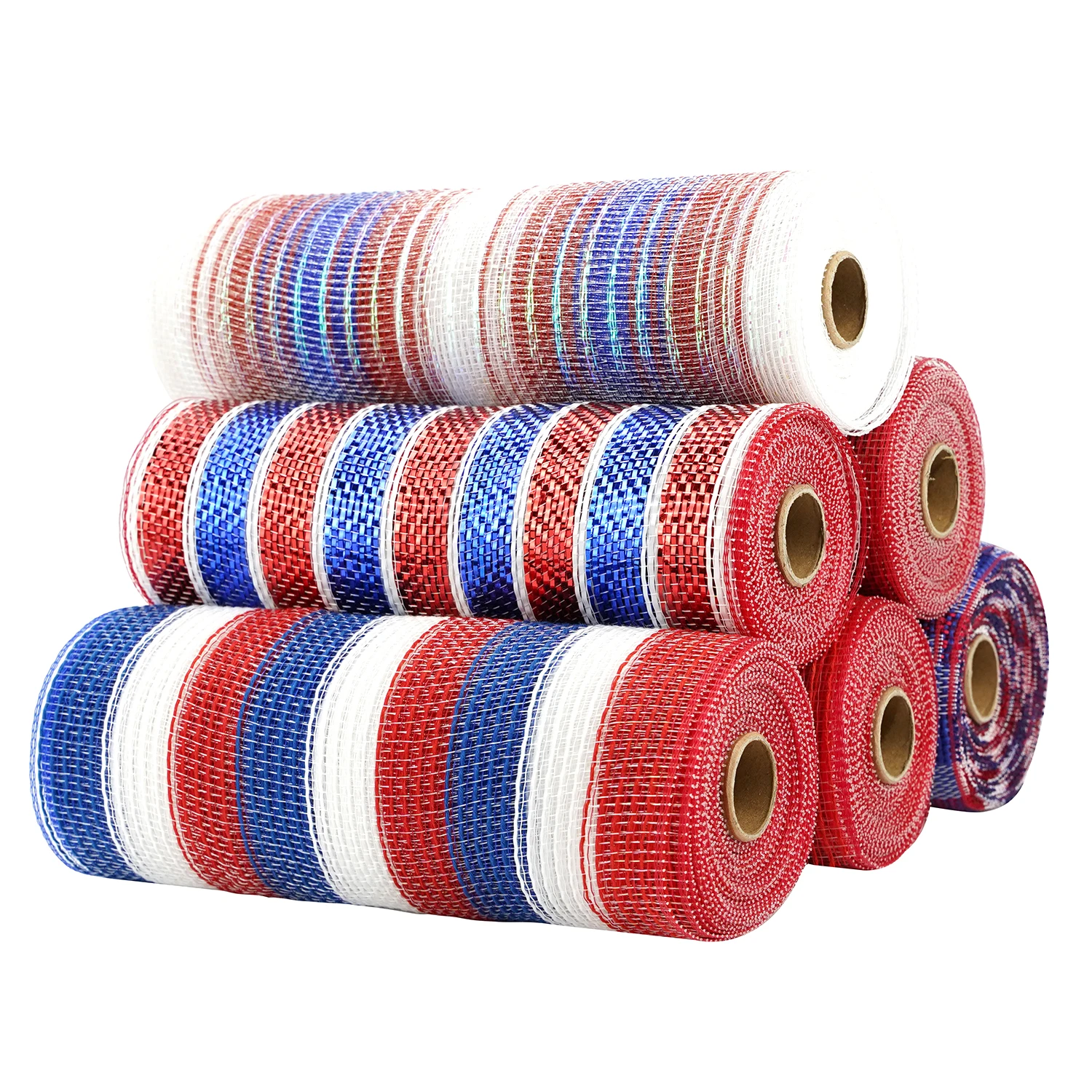 Huihuang Factory Custom Deco Metallic Mesh Foil Striped Plaid Mesh Rolls For Diy Independence Day Project Wreaths Party Decorate