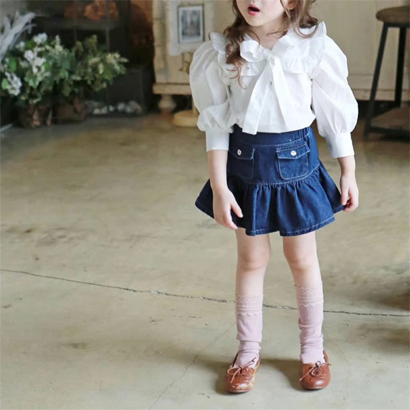 Wholesale Baby Girls Summer Mini Skirts Kids Solid Color Denim Skirts With Pocket