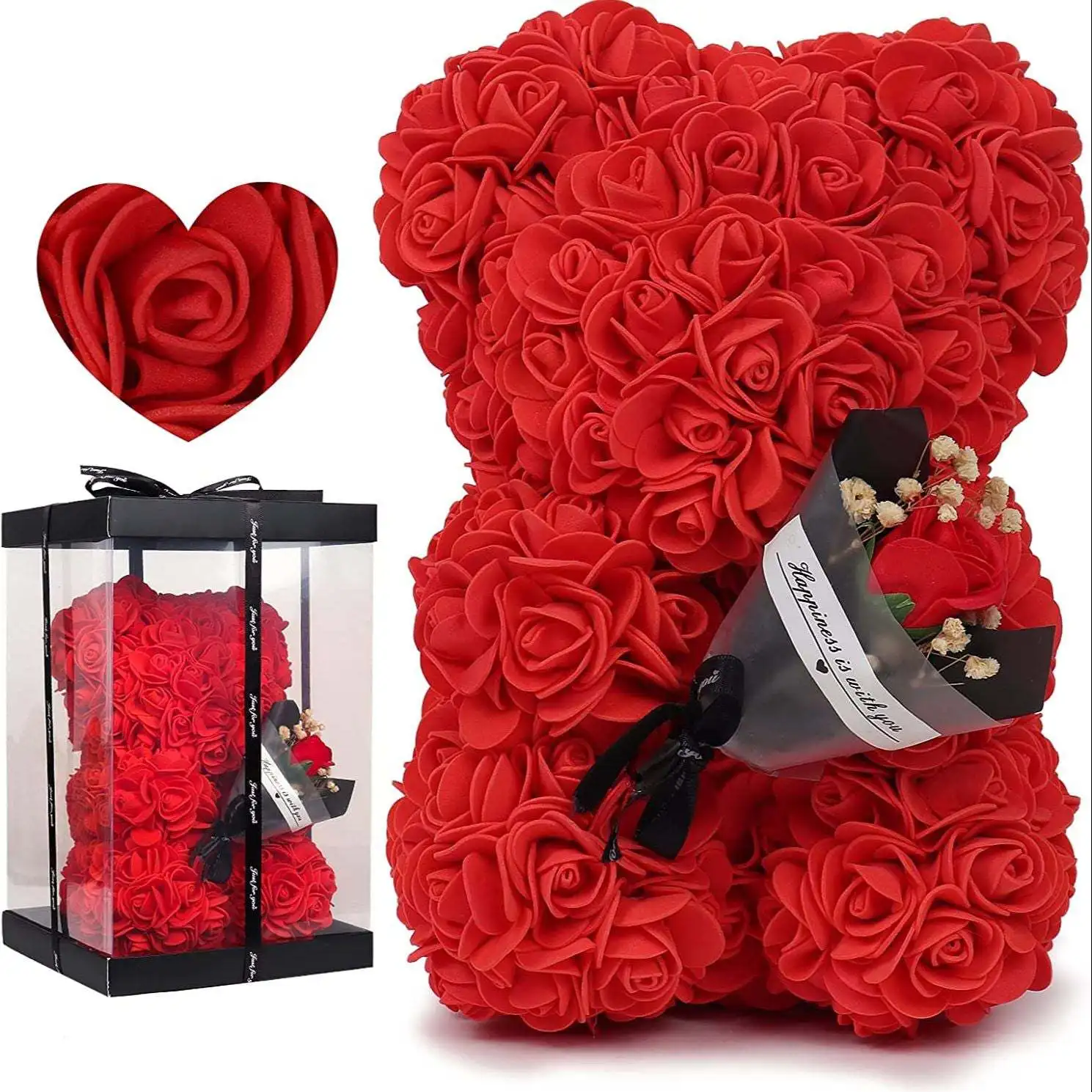 Customized handmade 25cm Rose Teddy Bear With Box, High Quality Artificial Flower Bouquet for Valentines, Wedding, Decoration