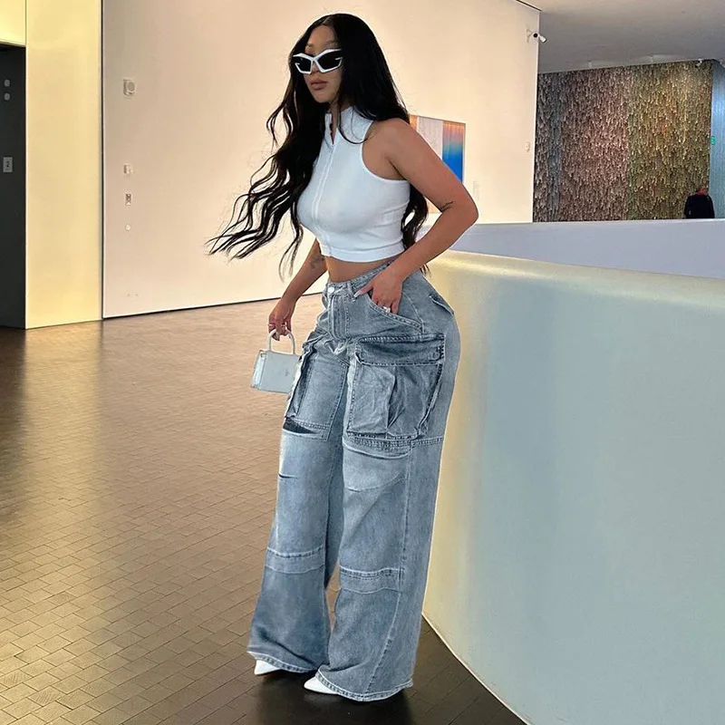 Truen 2023 New Design Fashion Women Clothing Cargo Pants High Waist Jeans Street Vintage Multi Pocket Baggy Denim Jeans Women