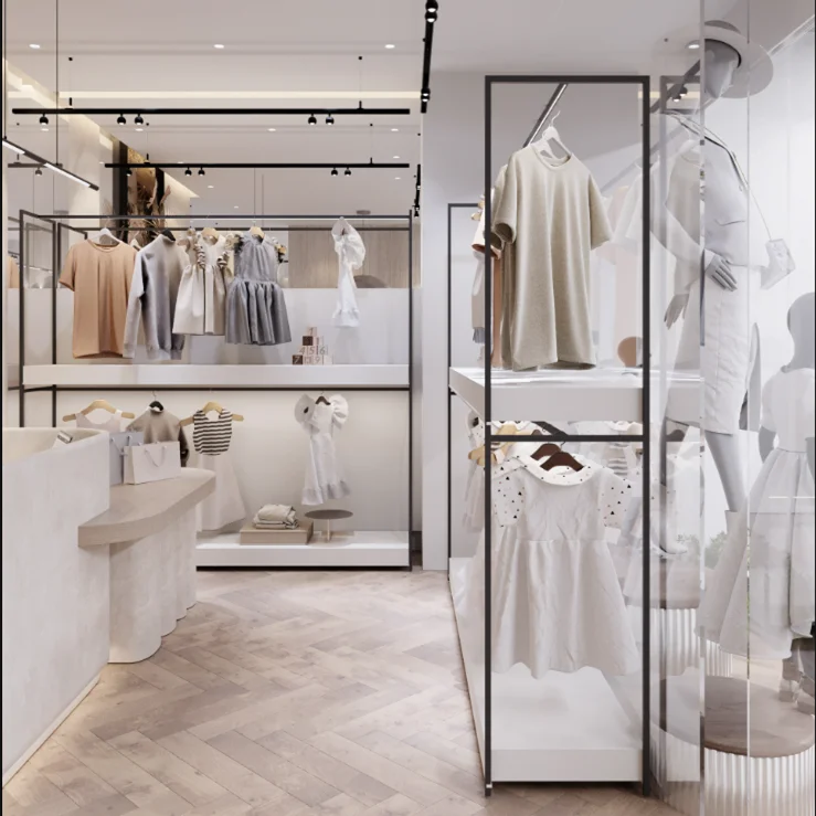 European minimalism clothing store interior decoration accessories design custom double stainless steel clothing display shelves