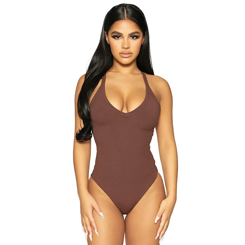 Ribbed Woman Bodysuits Solid Knitted Bodycon Halter Two Wear Jumpsuit Bodysuits Women One Piece Jumpsuits Sleeveless Bodysuits