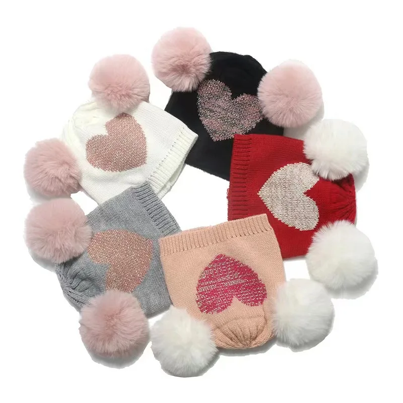 Love Heart Baby Girls Acrylic Beanie Knit Woolen Hat Kids Jacquard Knitted Winter Beanie Hat With Double Pom Pom