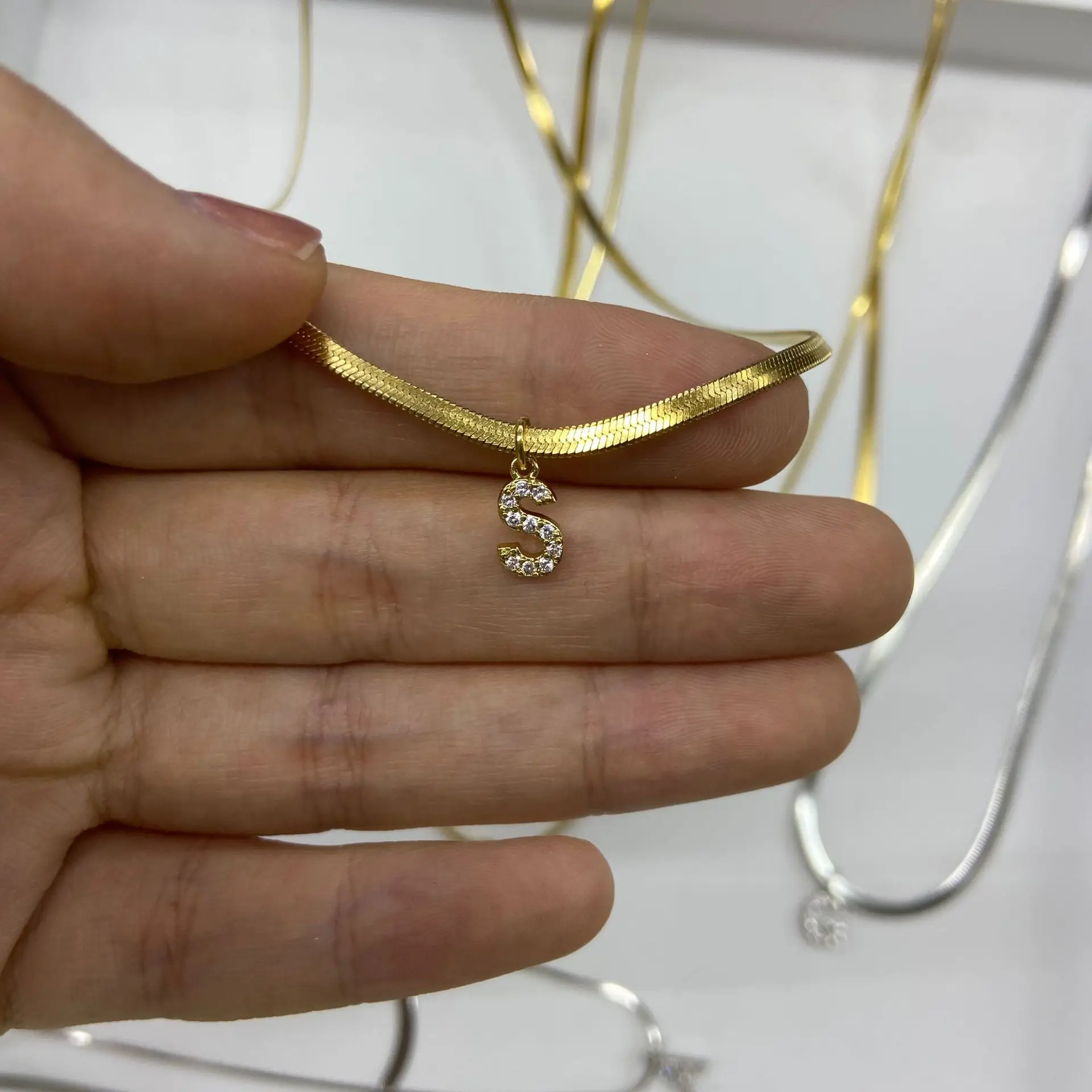 NEWEST stainless steel snake chain women necklace zircon 26 initial letter pendant necklace wholesale for girls
