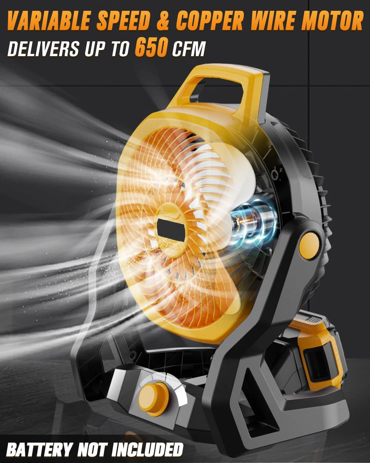 Battery Operated Fan for Dewalt Battery with AC Adapter, Up to 650 CFM Portable Fan, Variable Speed Low Noise